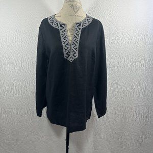 Jones New York Signature Blouse Women 1X 100% Linen Black & White Boho Top